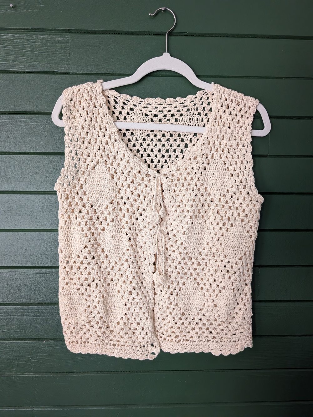 Cream Crochet Sleeveless Tie-Front Vest